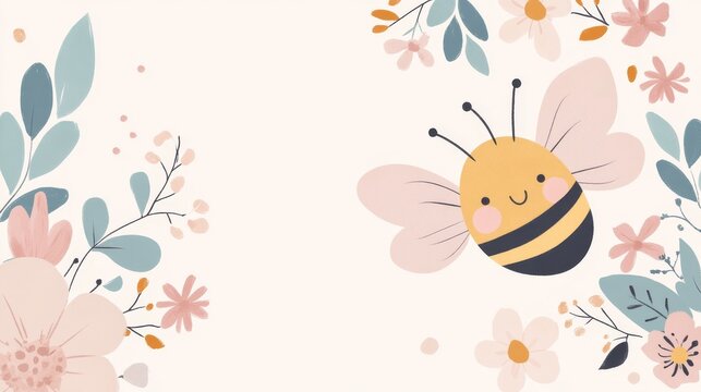26.A clean, modern vector template for World Bee Day featuring a cute bee with wings spread wide, surrounded by flowers and soft, pastel hues, ready for use in event banners and promotional materials.