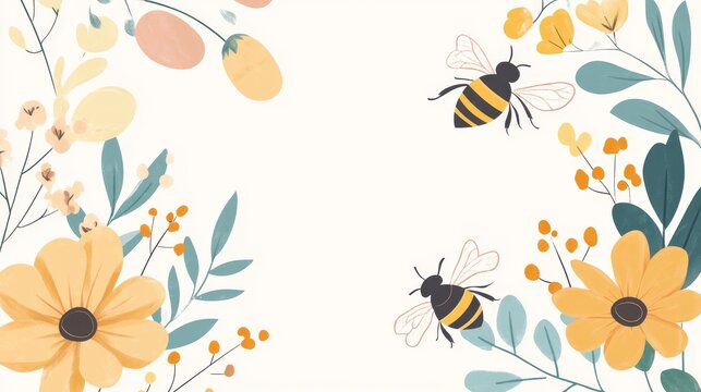 30.A detailed and clean vector design for World Bee Day, featuring a bee buzzing around flowers, with an elegant and simple border, perfect for templates, flyers, and promotional materials for World
