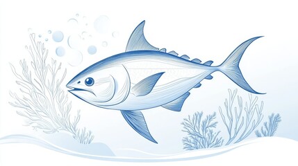 Obraz premium 52.A sophisticated vector line art of a tuna fish swimming gracefully through an underwater world, with light blue tones and simple coral and seaweed illustrations, ideal for a World Tuna Day banner