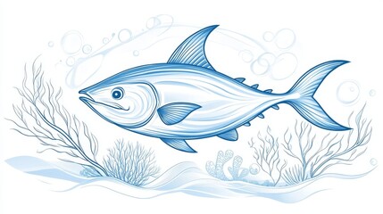 Fototapeta premium 52.A sophisticated vector line art of a tuna fish swimming gracefully through an underwater world, with light blue tones and simple coral and seaweed illustrations, ideal for a World Tuna Day banner