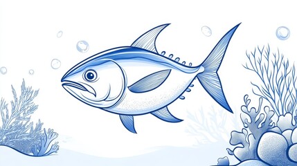 Fototapeta premium 52.A sophisticated vector line art of a tuna fish swimming gracefully through an underwater world, with light blue tones and simple coral and seaweed illustrations, ideal for a World Tuna Day banner