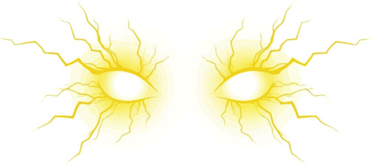Pair of glowing yellow electric eyes with lightning bolts emanating outwards, isolated on white background