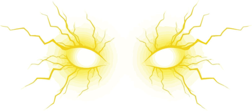 Pair of glowing yellow electric eyes with lightning bolts emanating outwards, isolated on white background
