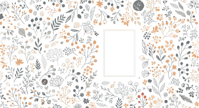 Abstract botanical seamless pattern with grey and peach-colored leaves and berries, creating a decorative frame on a white background. - Powered by Adobe
