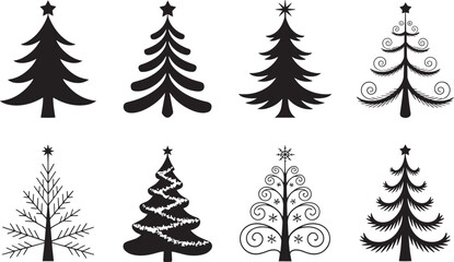 Christmas tree silhouettes collection with geometric outlines and Victorian style patterns ideal for holiday decor and digital design