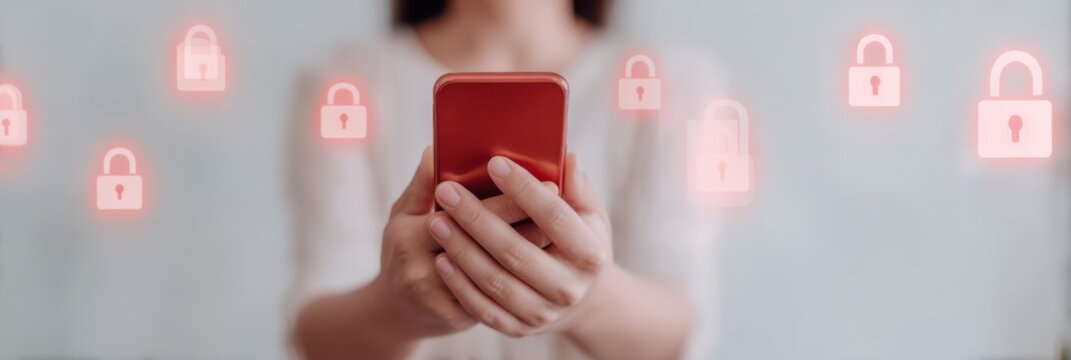 A person holding a smartphone with digital padlock icons, symbolizing security and privacy in technology.