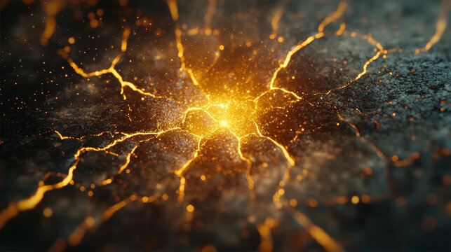 Abstract black stone texture background with glowing gold cracks and veins