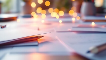 Close-up of pencils and paper on a desk with bokeh lights in the background.