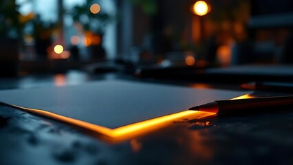Close-up of a table with a paper and a pen in a dimly lit room.