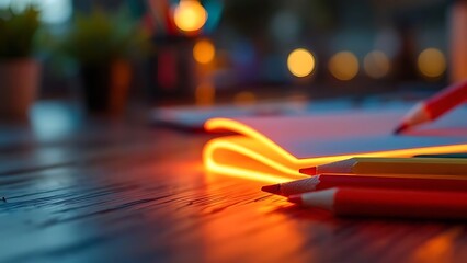 Close-up of colored pencils on a wooden surface with blurred background.