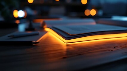 Open book with glowing pages on a wooden desk in a dimly lit room.