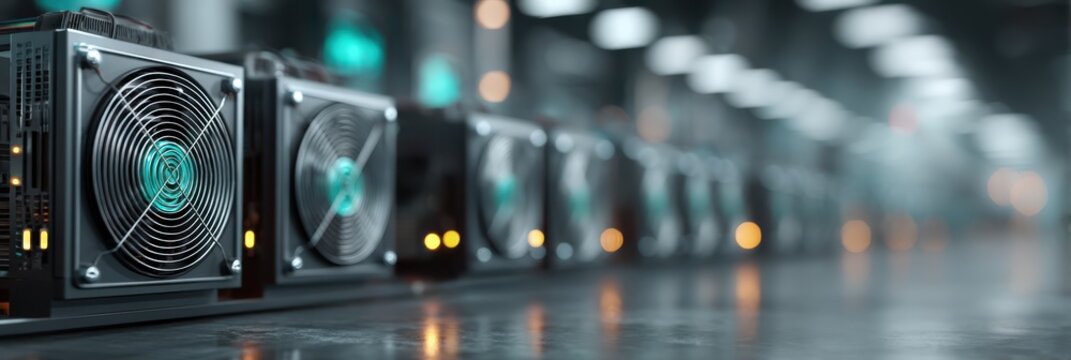 A row of mining rigs with cooling fans, set in a dimly lit industrial environment, showcasing technology used for cryptocurrency mining.