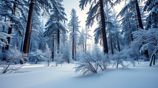 A snowy forest scene with tall trees and a thick blanket of fresh snow - Powered by Adobe