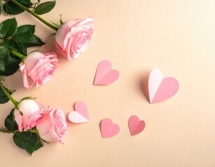 Pink roses & paper hearts arranged on cream background