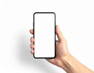 Hand holding a blank smartphone against a white backdrop