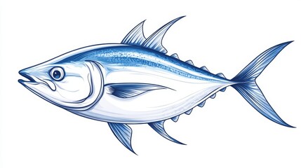 Fototapeta premium 13.A bold and dynamic vector drawing of a tuna fish in full motion, showing intricate details such as the fins, scales, and tail, with vibrant hues of blue and silver, all against a transparent