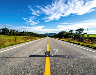 Straight road to horizon under bright blue sky