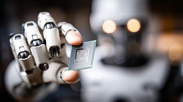 Future Tech Handshake: A robotic hand holds a microchip, symbolizing the cutting edge of technological innovation and artificial intelligence.