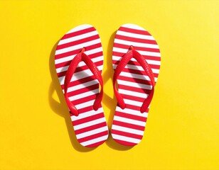 Striped flip-flops cast sharp shadows on bright yellow