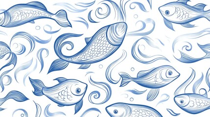 Fototapeta premium 26.A detailed doodle-style vector of schools of fish swimming together in tight formations, showcasing intricate hand-drawn swirls and curves for fins and tails, giving the fish a fluid, dynamic