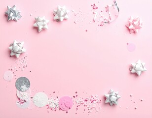 Gift bows, confetti on pink background, empty center