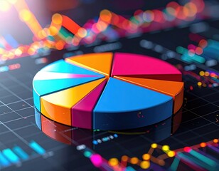 Colorful pie chart over graph background, bright