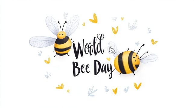 33.A delicate and modern handwritten font for "World Bee Day" accompanied by an adorable cartoon bee with oversized wings, all set on a white background, and perfect for editable templates for