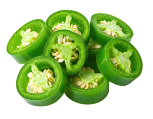 Sliced jalape?os show seeds, against black backdrop