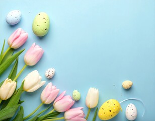 Pastel Easter Tulips & speckled eggs on light blue backdrop