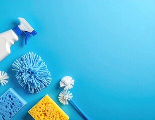 Cleaning supplies. Blue background, corner arrangement