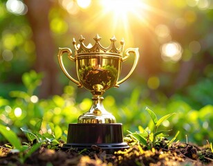 Gold crown-topped trophy on dirt, sunlit, green bokeh
