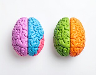 Two multi-colored model brains on a plain background