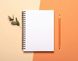 Notebook, pencil, eucalyptus on two-toned pastel backdrop
