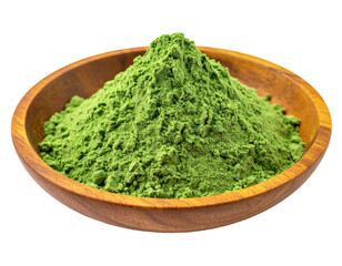 Green powder piled in a round, wooden bowl