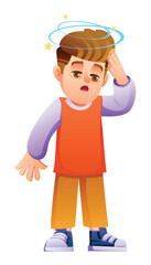 Little boy feeling unwell, touching his forehead, with stars and rings spinning above. Vector cartoon illustration
