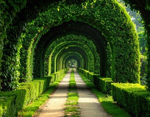 Arched green hedge tunnel over a path