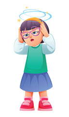 Little girl dizzy, holding her head, with stars and rings spinning above. Vector cartoon illustration
