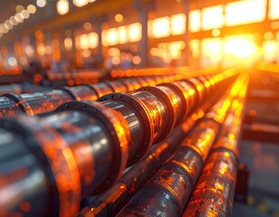 Hot pipes glow, factory setting, bright, industrial scene