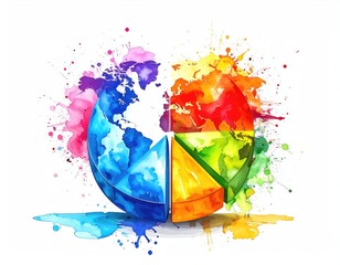 Globe pie-chart, watercolor, vibrant colors