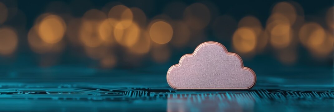 A stylized cloud icon rests on a circuit board background, symbolizing cloud computing and technology with a blurred bokeh effect.