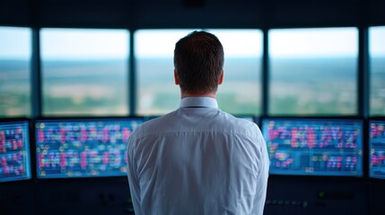 A professional observing multiple screens in a control room, with expansive views outside, indicating a focus on monitoring and decision-making.