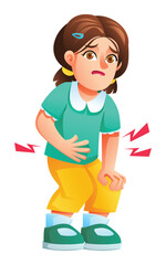 Little girl with stomach and leg pain, holding her belly and knee. Vector cartoon illustration