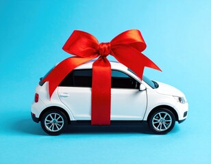 White car with big red bow, blue background