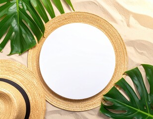 Round blank, hat, & leaves on beach sand, overhead view