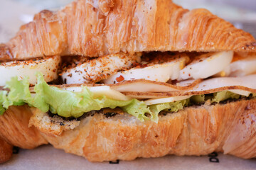 Delicious turkey and cheese croissant sandwich on display