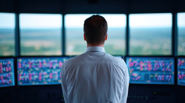 A professional observing multiple screens in a control room, with expansive views outside, indicating a focus on monitoring and decision-making.