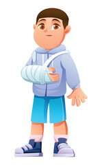 Boy with a broken arm wrapped in a plaster cast and sling. Vector cartoon illustration