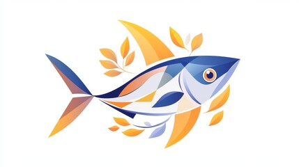 87.A minimalist yet impactful vector of a tuna fish, featuring bold colors and geometric shapes, perfect for logos, branding, or merchandise for World Tuna Day, all set against a plain white