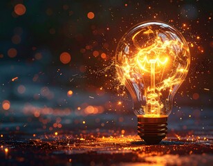 Glowing filament bulb; sparks fly against dark backdrop