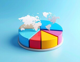 Colorful pie chart with world map against blue background